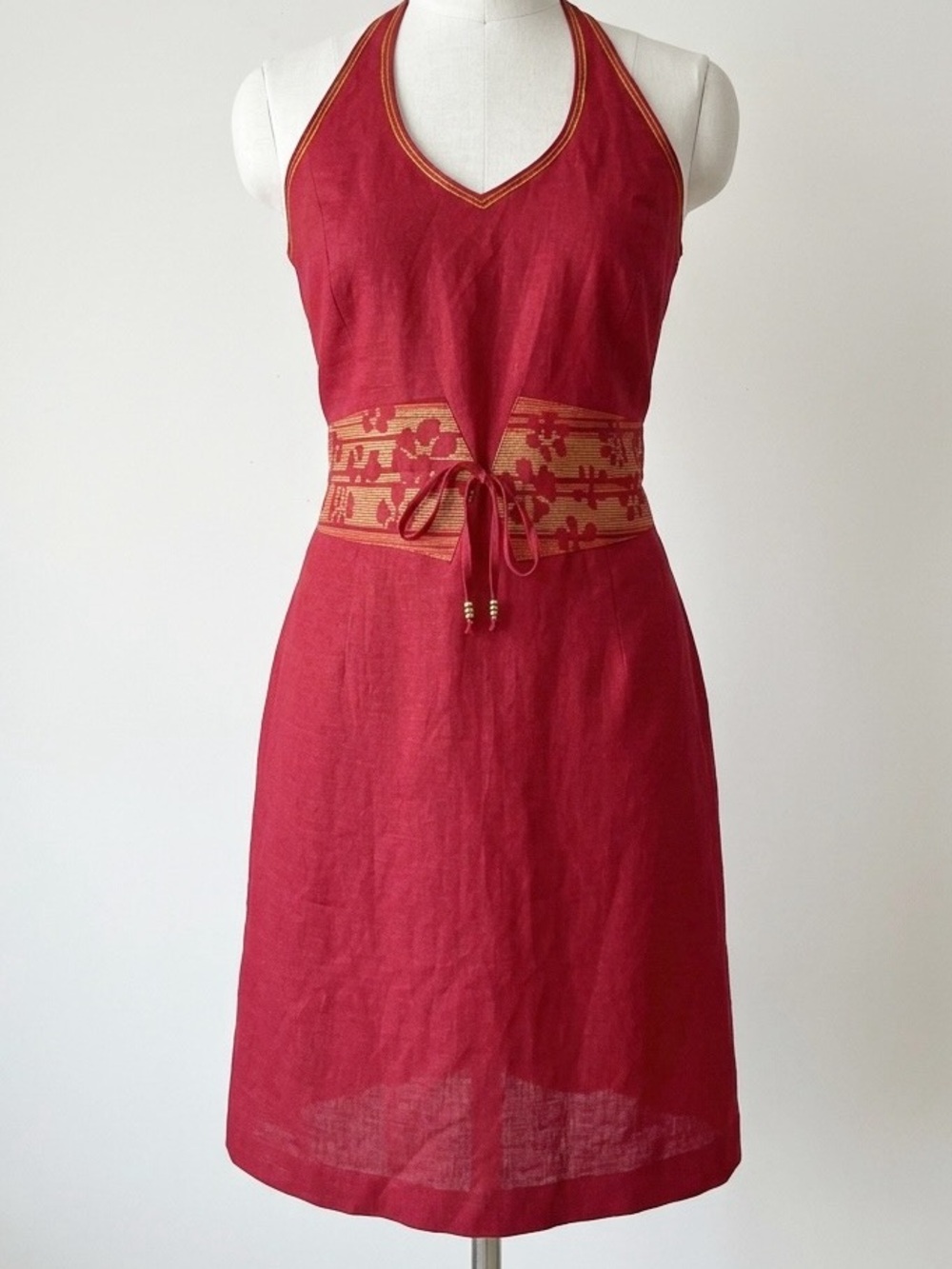 Vintage Y2K Yves Cossette Depeche Mode Red Linen Halter Embroidered Dress Sz 16
